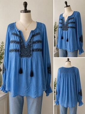 Free People Blue Embroidered Tassel Peasant Top
